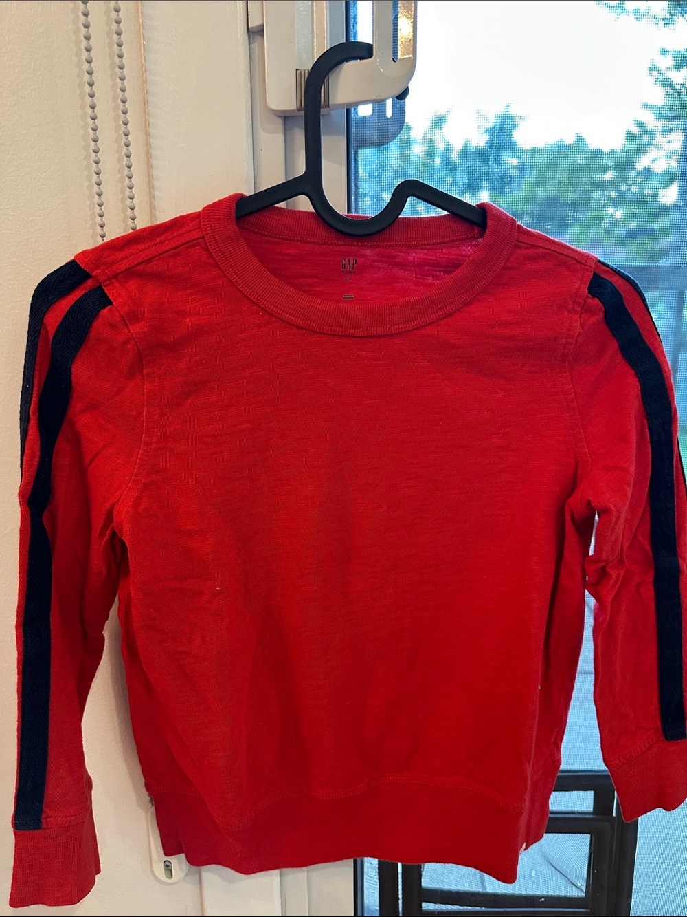 GAP Red Long-Sleeve Top with Navy Shoulder Stripes